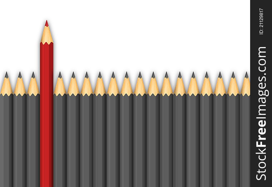 Grey pencil row and one red pencil. Grey pencil row and one red pencil