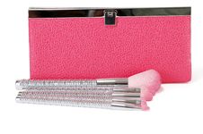 Pink Cosmetic Bag With Cosmetic Brushes Royalty Free Stock Photos