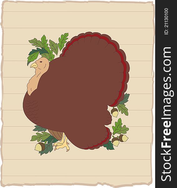 Illustration of turkey with acorns and leaves on striped background