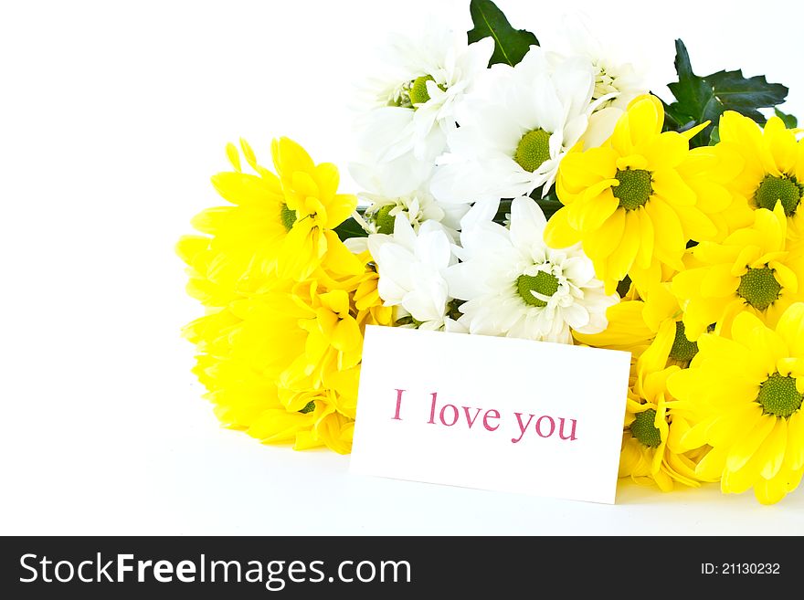 Beautiful bouquet of yellow chrysanthemums on a white background