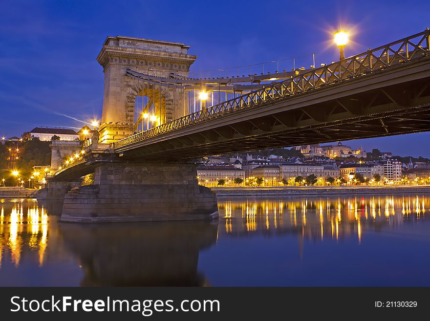 Lanchid or the Chain Bridge in Budapest Hungary over the river danube in the early morning light