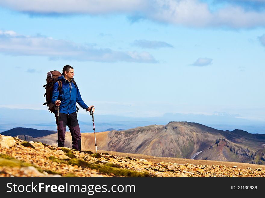 Hiker in the mountains. Iceland