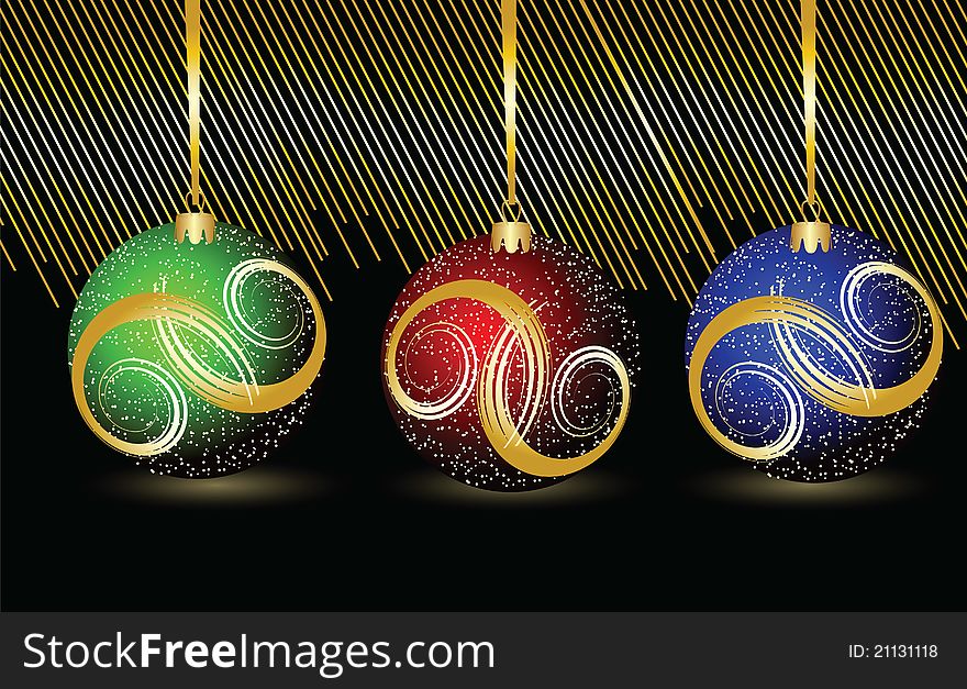 Three colored Christmas spheres on a black background