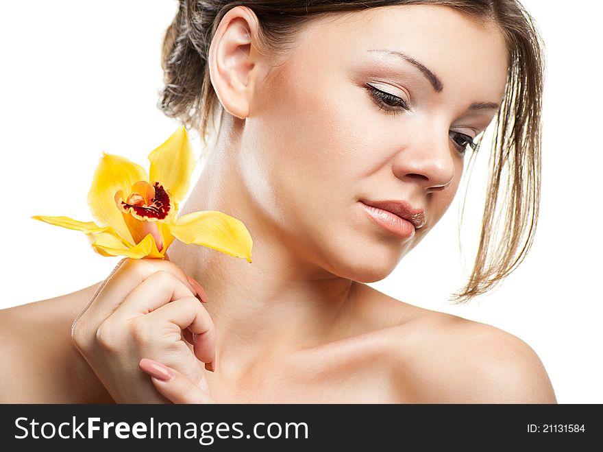 Portrait of young beautiful woman on white background with flower. Portrait of young beautiful woman on white background with flower