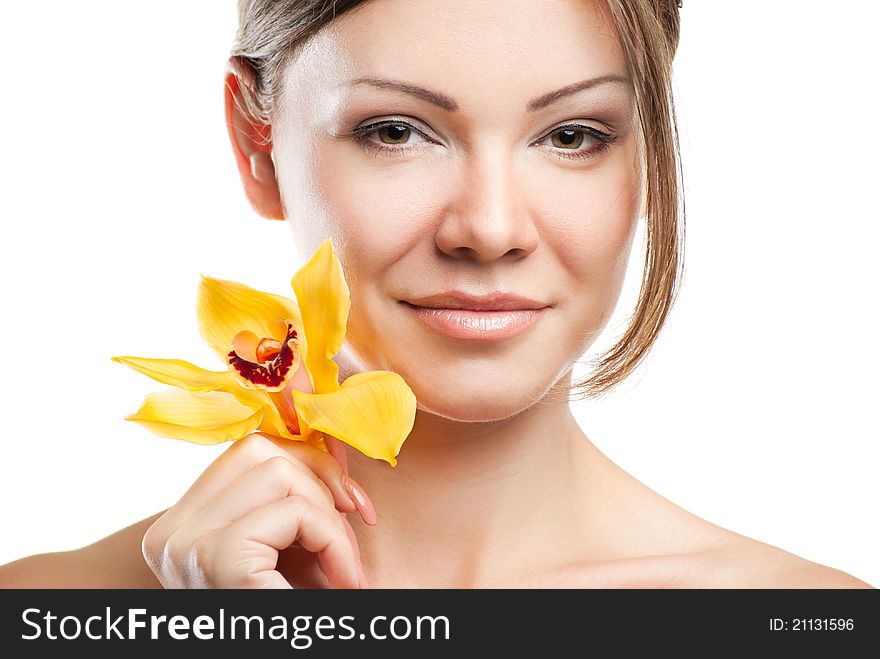 Portrait of young beautiful woman on white background with flower. Portrait of young beautiful woman on white background with flower