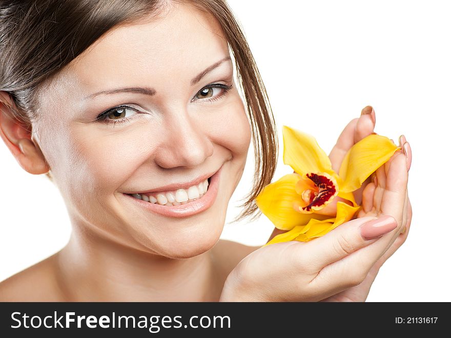 Portrait of young beautiful woman on white background with flower. Portrait of young beautiful woman on white background with flower