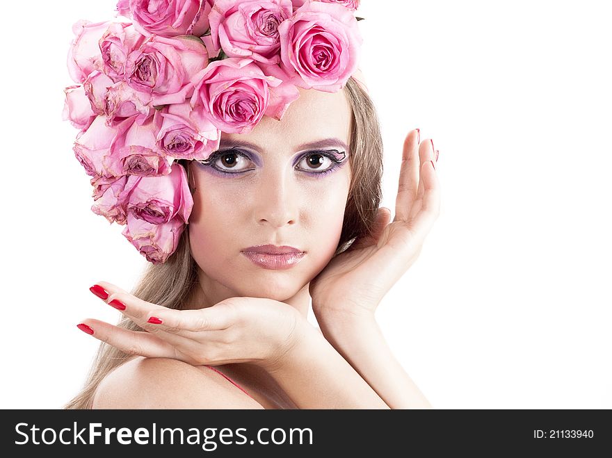 Young Beautiful Woman With Pink Flowers