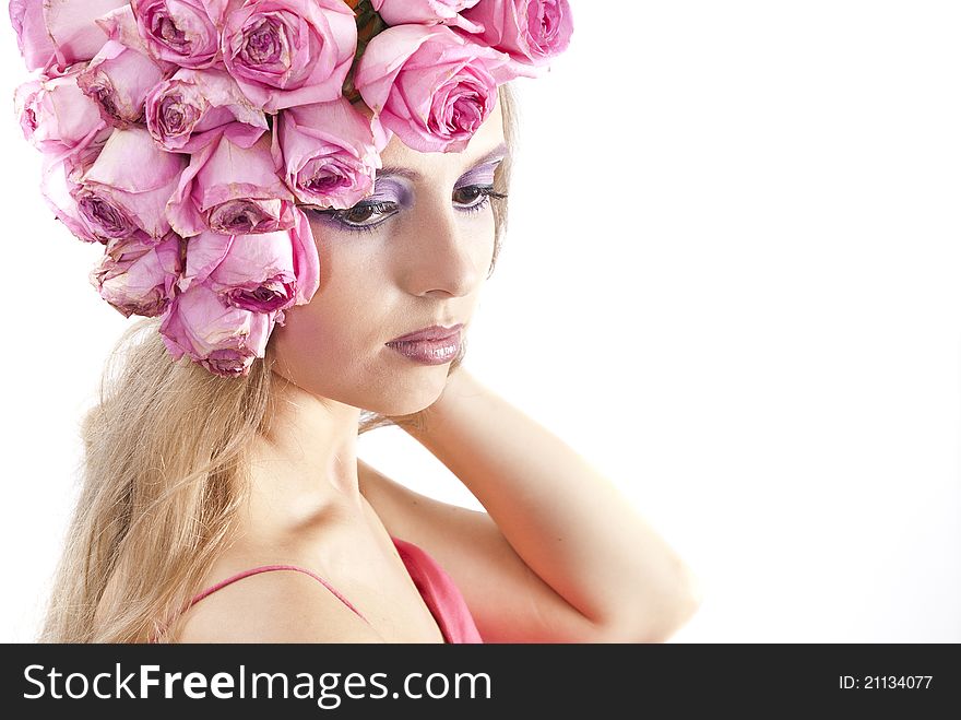 Young Beautiful Woman With Pink Flowers