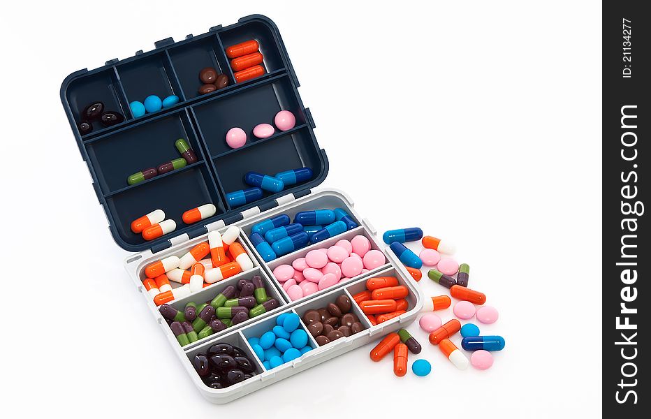 Insulated box with colored pills. Insulated box with colored pills