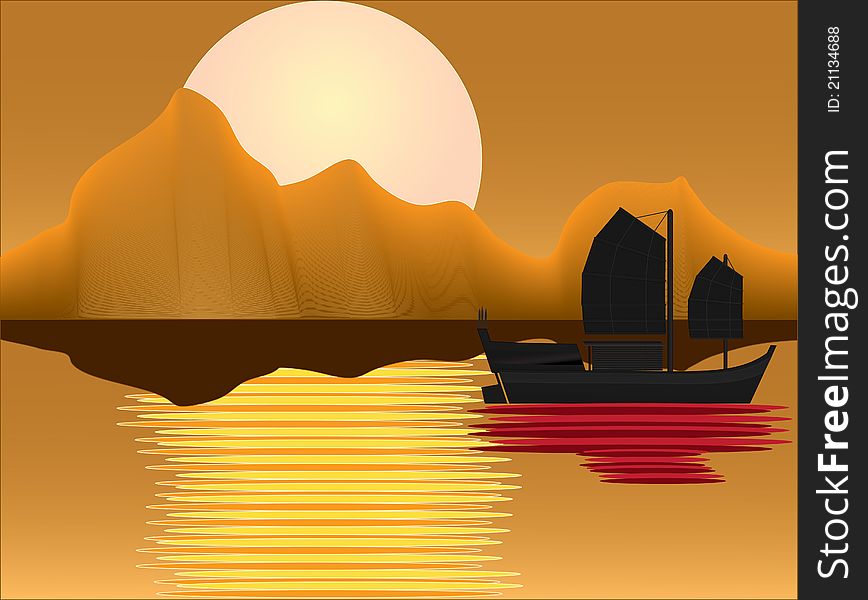 An Oriental Junk cruising by the river during sunset. An Oriental Junk cruising by the river during sunset