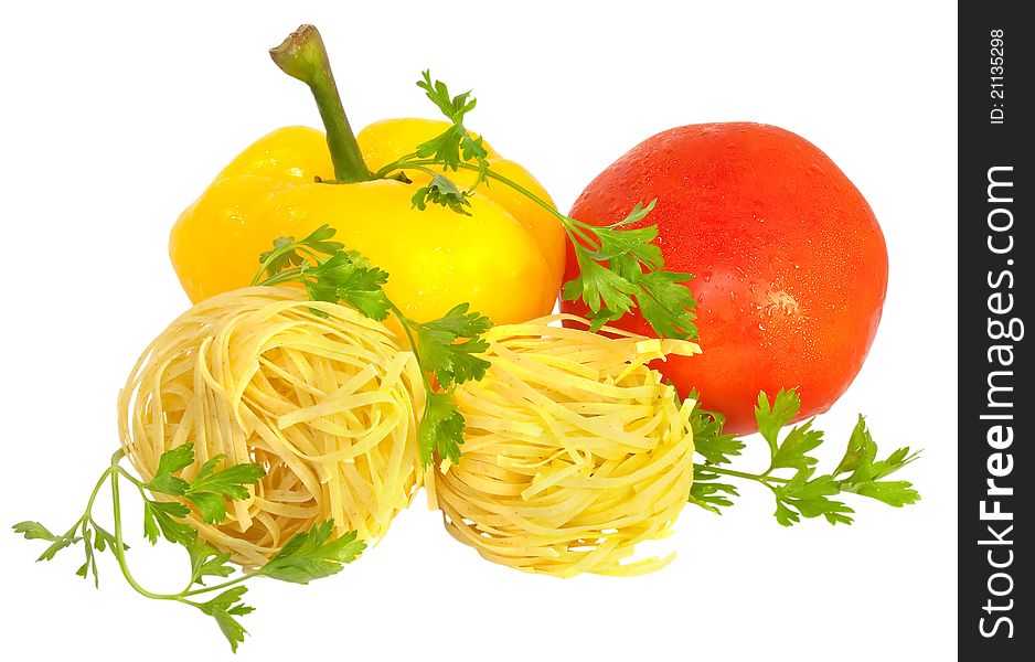 Raw pasta with tomato, pepper and greens isolated