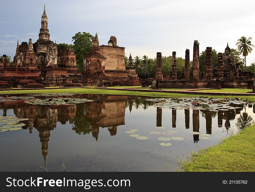The reflex of pagoda, take photo from Sukhothai historical park, Thailand