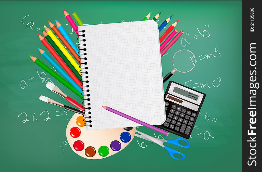 Back to school. Notepad with school supplies. Vector.