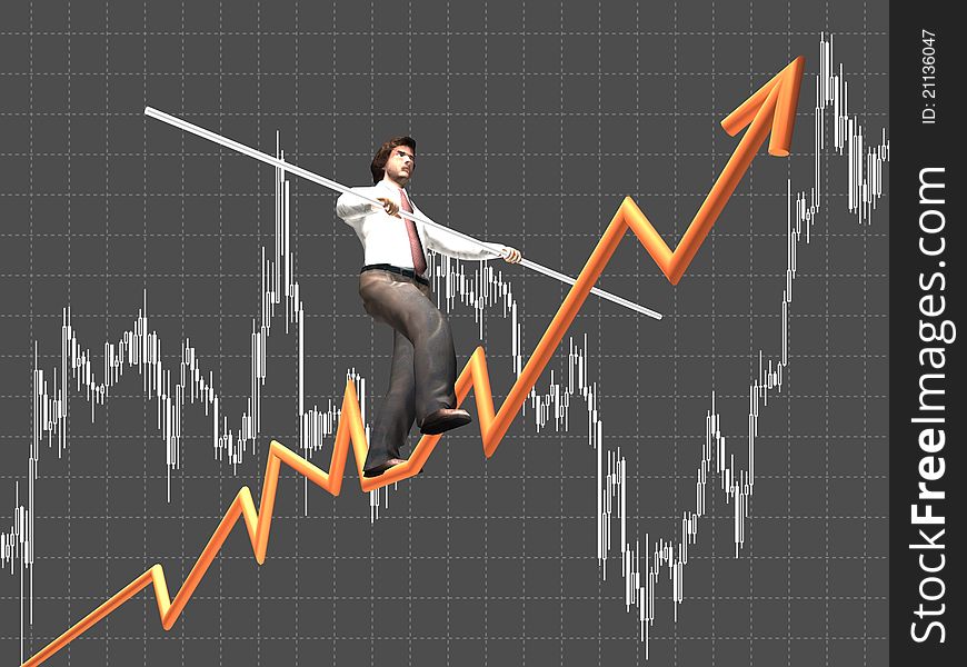 Businessman on a finance graphic aiming for the top. Businessman on a finance graphic aiming for the top