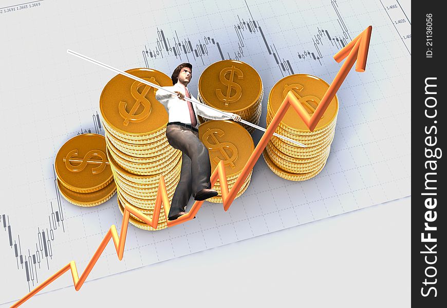 Businessman on a finance graphic aiming for the top. Businessman on a finance graphic aiming for the top