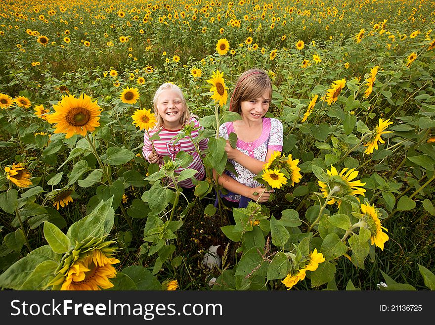 Girls surrounded of sunflowers