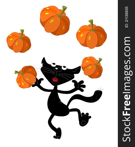 A black cat juggles pumpkins. A black cat juggles pumpkins