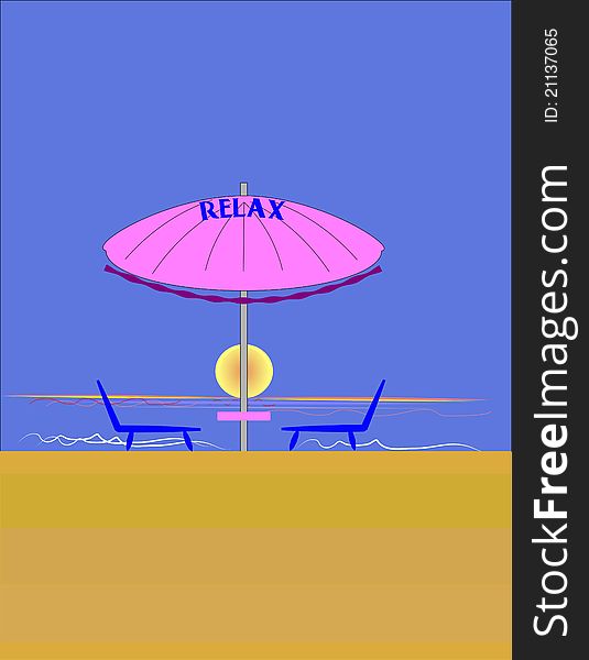 Beach umbrella under lounge chairs on ocean front somewhere exotic. Beach umbrella under lounge chairs on ocean front somewhere exotic