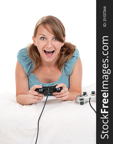 Happy young beautiful woman playing a video game. Happy young beautiful woman playing a video game