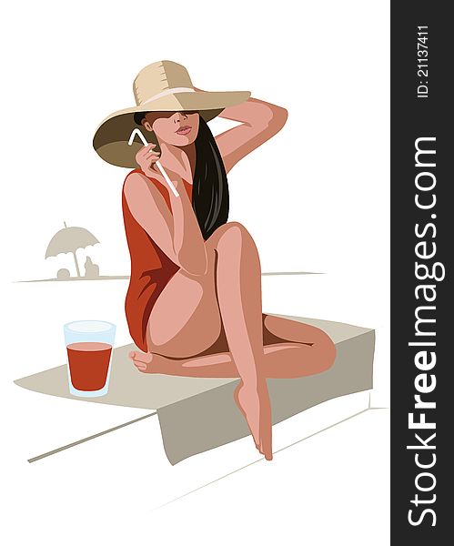 Girl with hat and drink sitting on beach