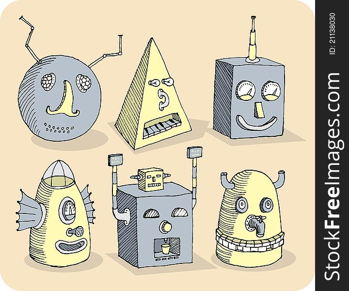 Six robot heads with various designs and various expressions. Six robot heads with various designs and various expressions