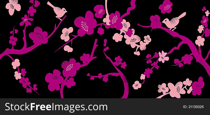 Floral background with two birds