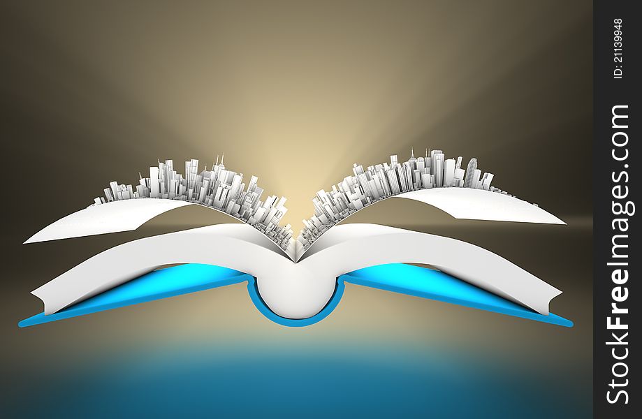 Render of an open book with a city in it. Render of an open book with a city in it