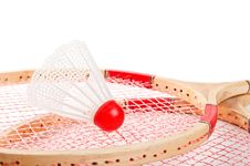Old Badminton And Red Shuttlecock Royalty Free Stock Photos