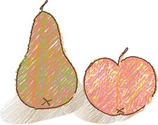 Hand Drawn Still Life With Apple And Pear Stock Images