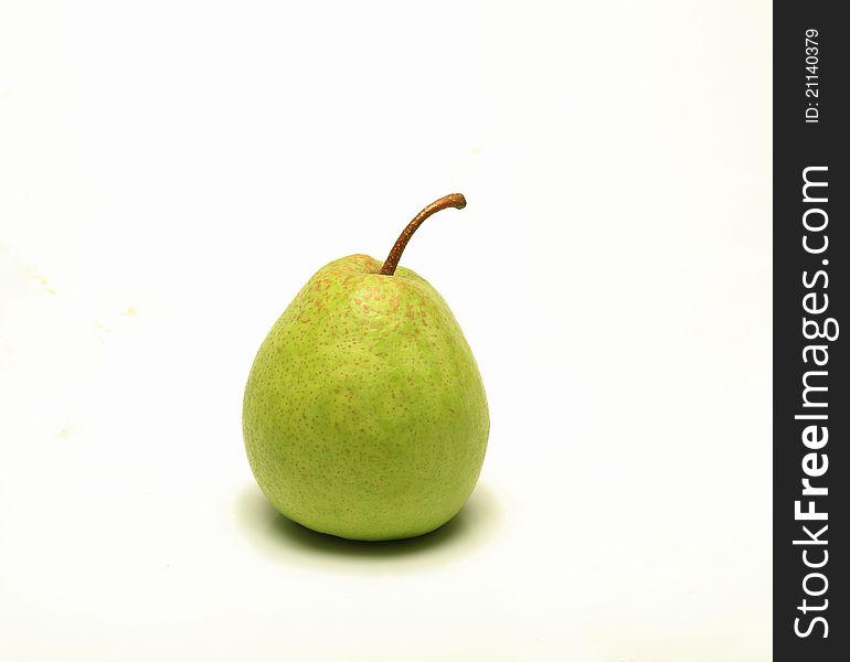 On a white background, place a vertical green fruit: pears. On a white background, place a vertical green fruit: pears