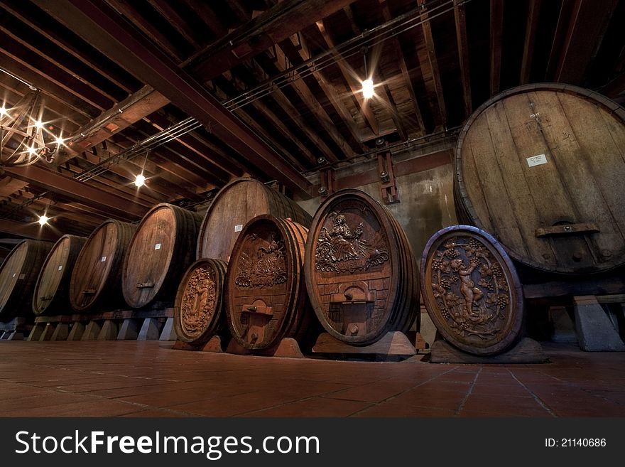 A row of very old historic wine barrels