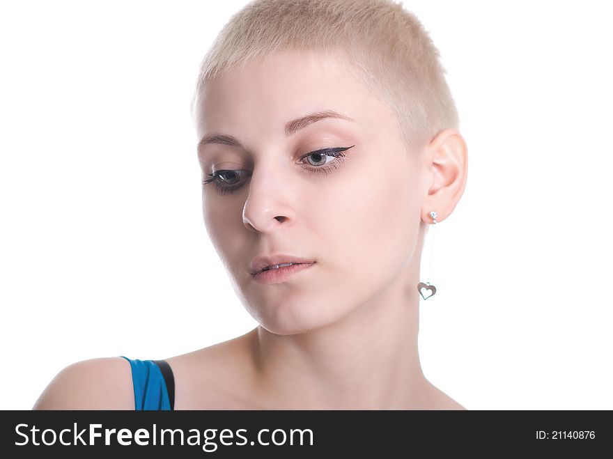 Portrait of the beautiful blonde with short hair isolated on white background