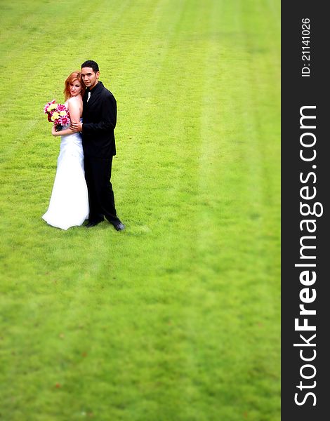 A bride and Groom stading on a green lawn. A bride and Groom stading on a green lawn