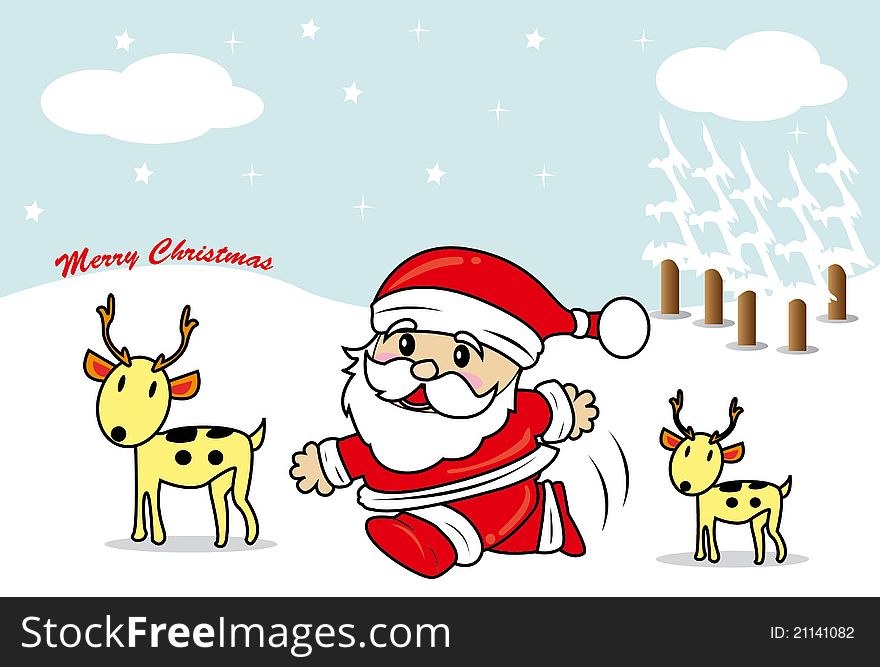 This is a picture Christmas with Santa Claus are two deer. This is a picture Christmas with Santa Claus are two deer.