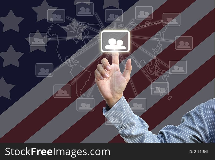 Artwork of social network on american flag background.