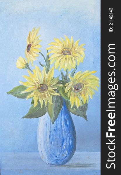 Lush bouquet of delicate sunflowers in blue vase on blue background. Lush bouquet of delicate sunflowers in blue vase on blue background