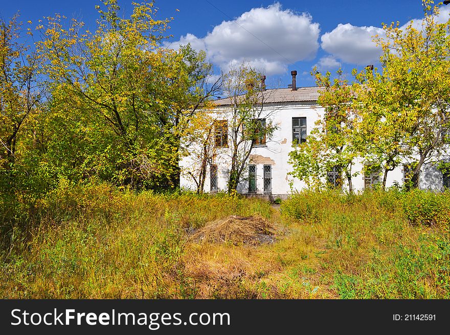 Autumn landscape - an old house surrounded by a yellow-green trees