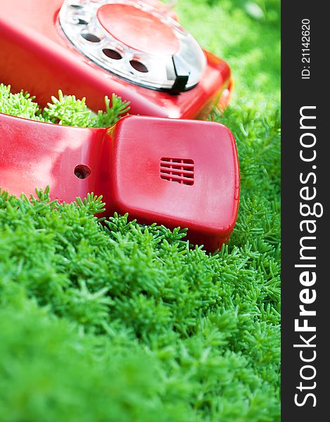 Red and old telephone on a green grass background