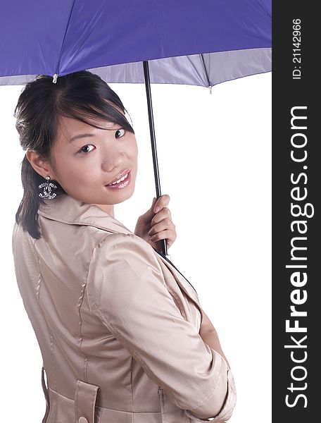 Asian business woman holding purple umbrella isolated. Asian business woman holding purple umbrella isolated