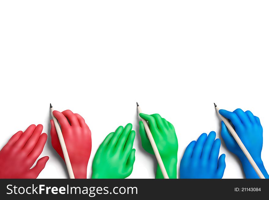 Multicolored plasticine hands with a pencils on a white background. Multicolored plasticine hands with a pencils on a white background