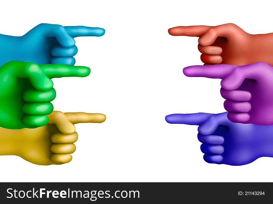 Multicolored plasticine pointed out hands on a white background. Multicolored plasticine pointed out hands on a white background