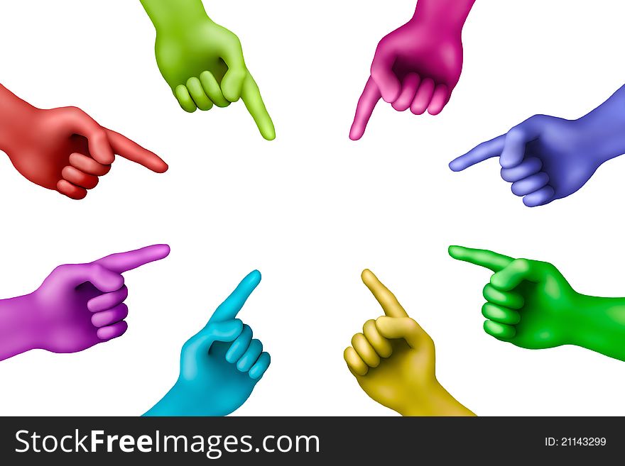 Multicolored plasticine pointed out hands on a white background. Multicolored plasticine pointed out hands on a white background
