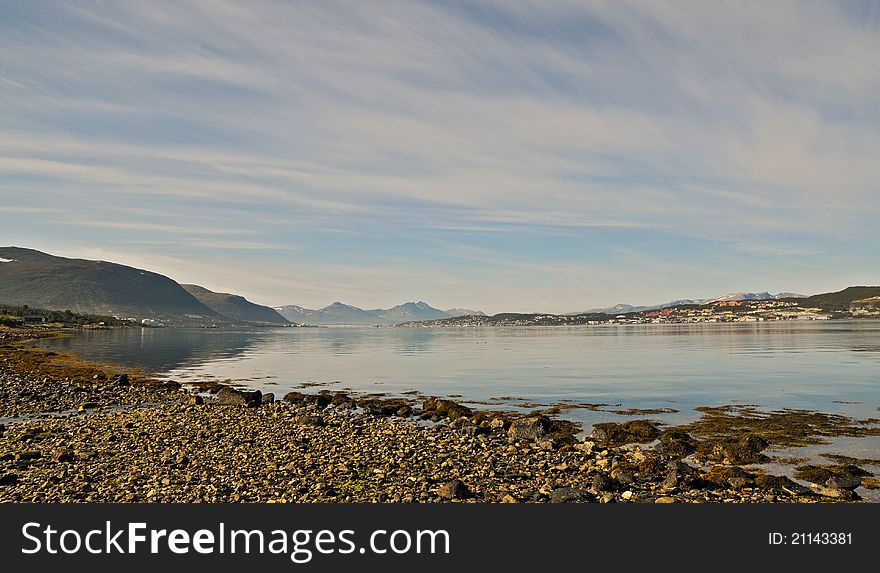 August sunny morning in north Norway near Tromso. August sunny morning in north Norway near Tromso