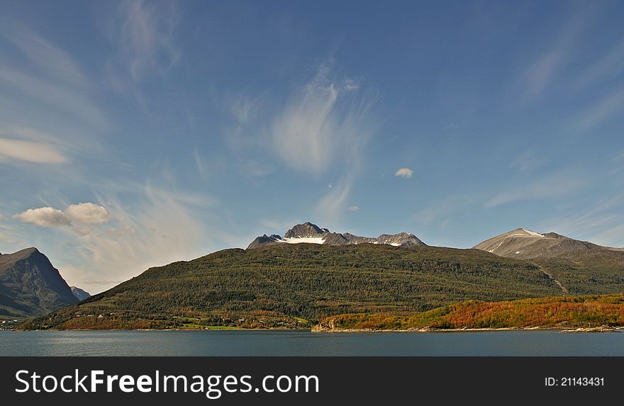 August sunny morning in north Norway near Tromso. August sunny morning in north Norway near Tromso