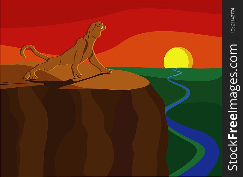Lioness meets with the sunset on the cliff edge, illustration. Lioness meets with the sunset on the cliff edge, illustration
