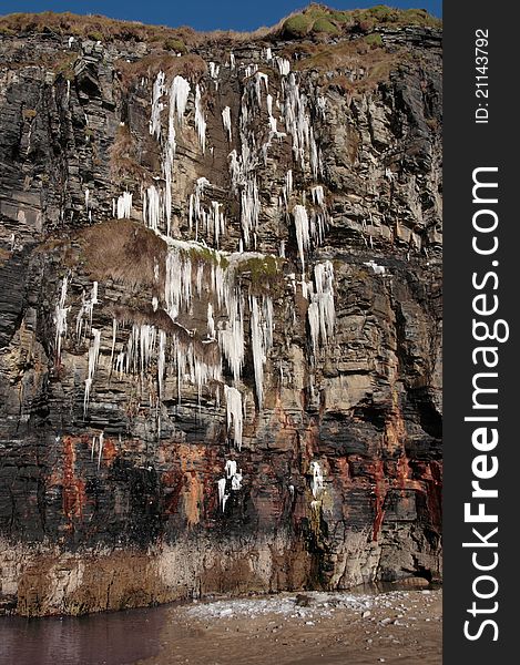 Melting cascade of icicles on a cliff face