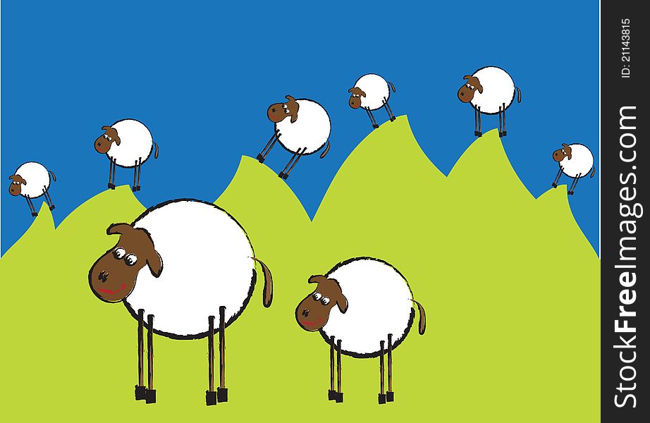 Funny illustration of flock of sheep on the hills