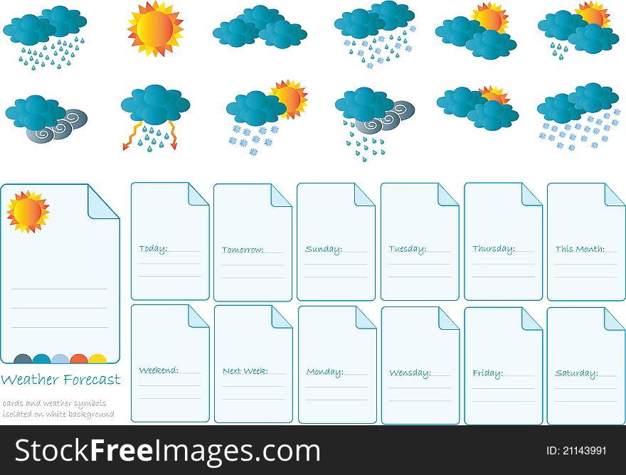 Color creative cards with daily weather forecast isolated on white background,weather and seasons,meteorology symbols. Color creative cards with daily weather forecast isolated on white background,weather and seasons,meteorology symbols
