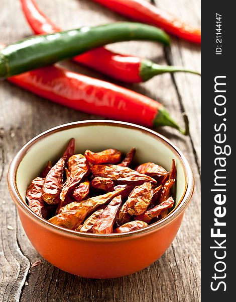 Dried red chili pepper on a bowl