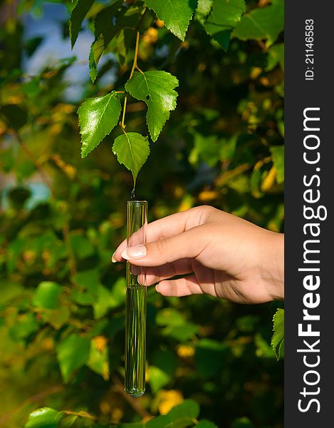 Test-tube with crystal clear water and a falling drop. Test-tube with crystal clear water and a falling drop